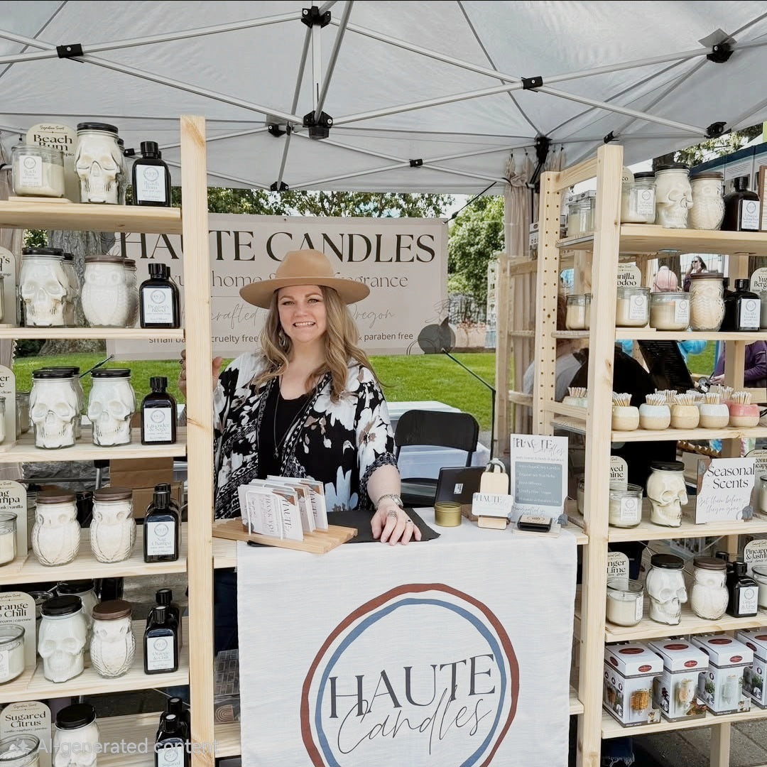 Kari welcomes shoppers at the outdoor Haute Candles market booth.