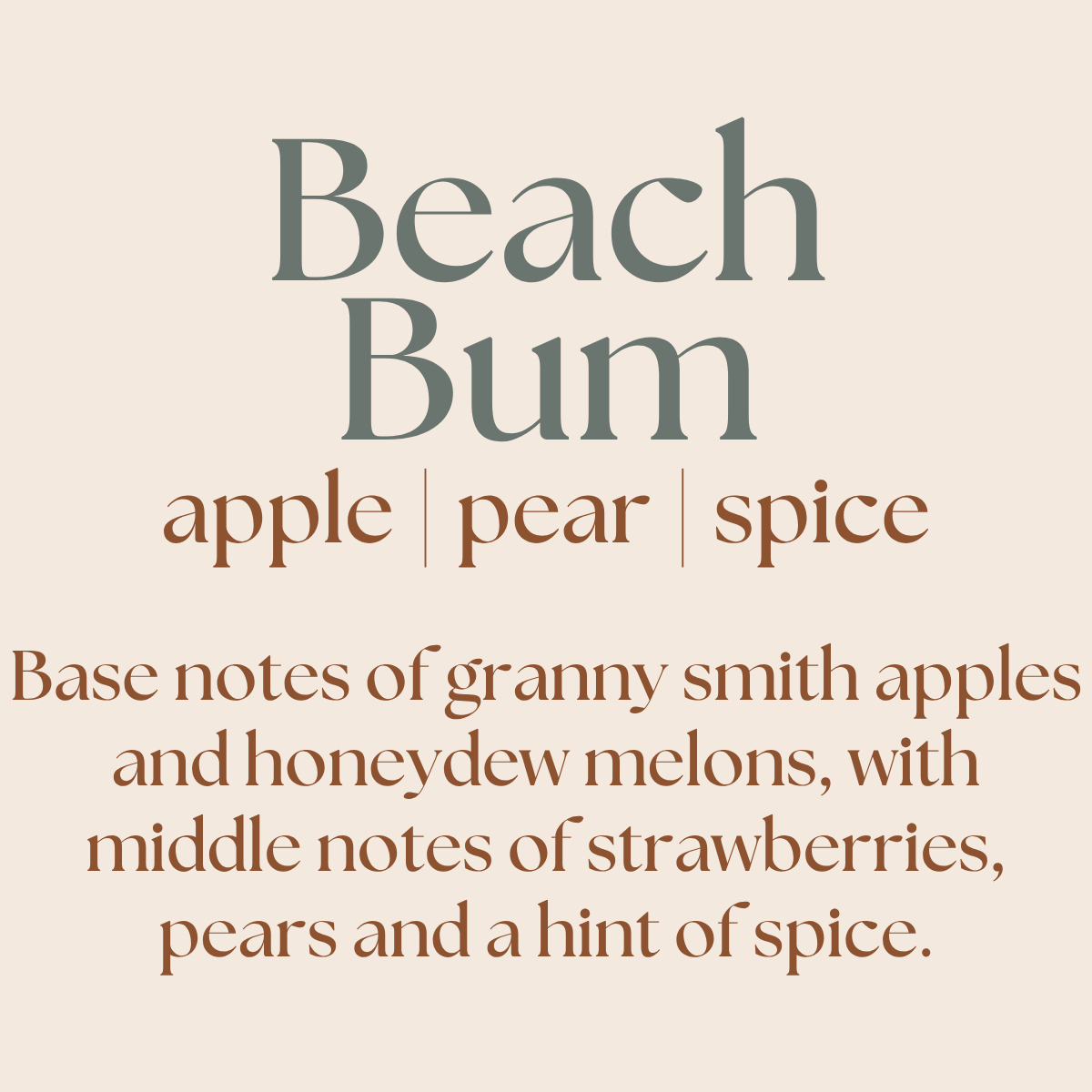 Text description of a fragrance blend with 'Beach Bum' description on a beige background.