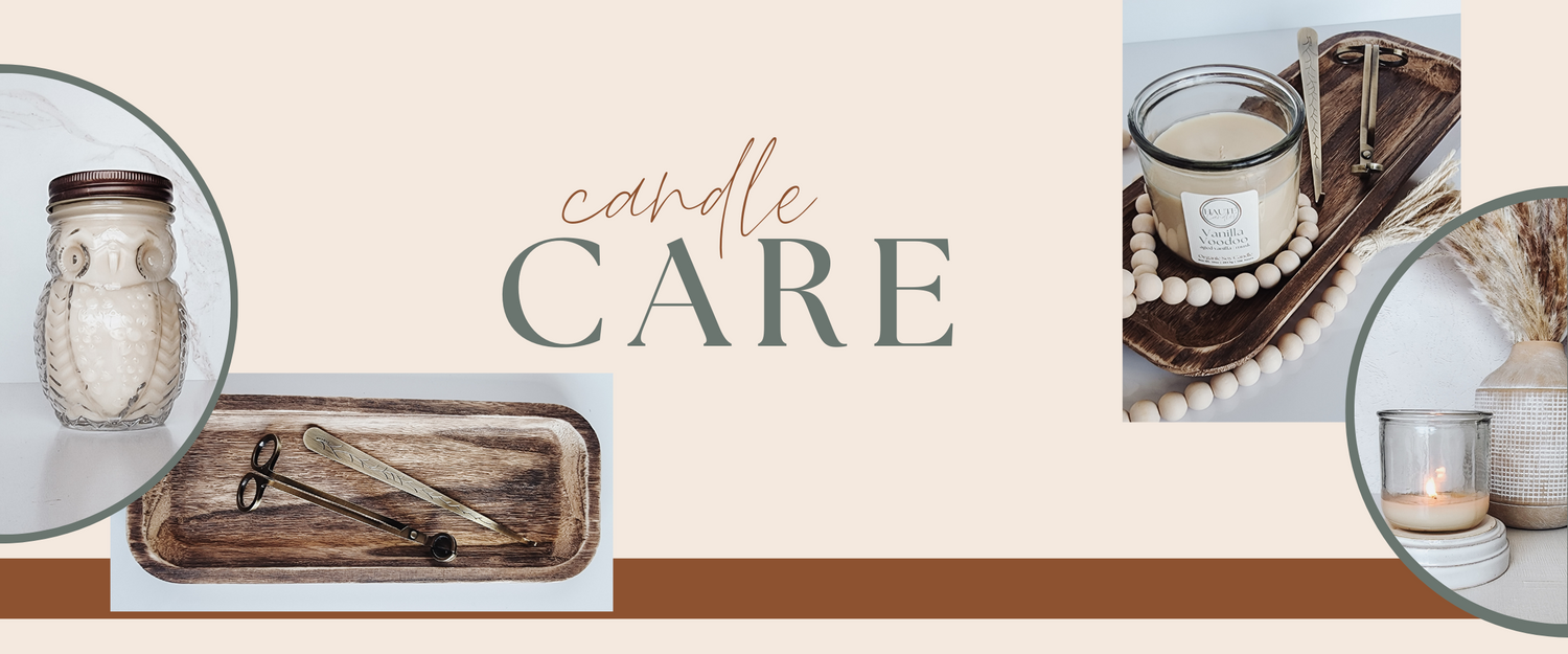 Haute Candles candle care guide with wick trimmers, wick dipper, candles, and reusable glass vessels