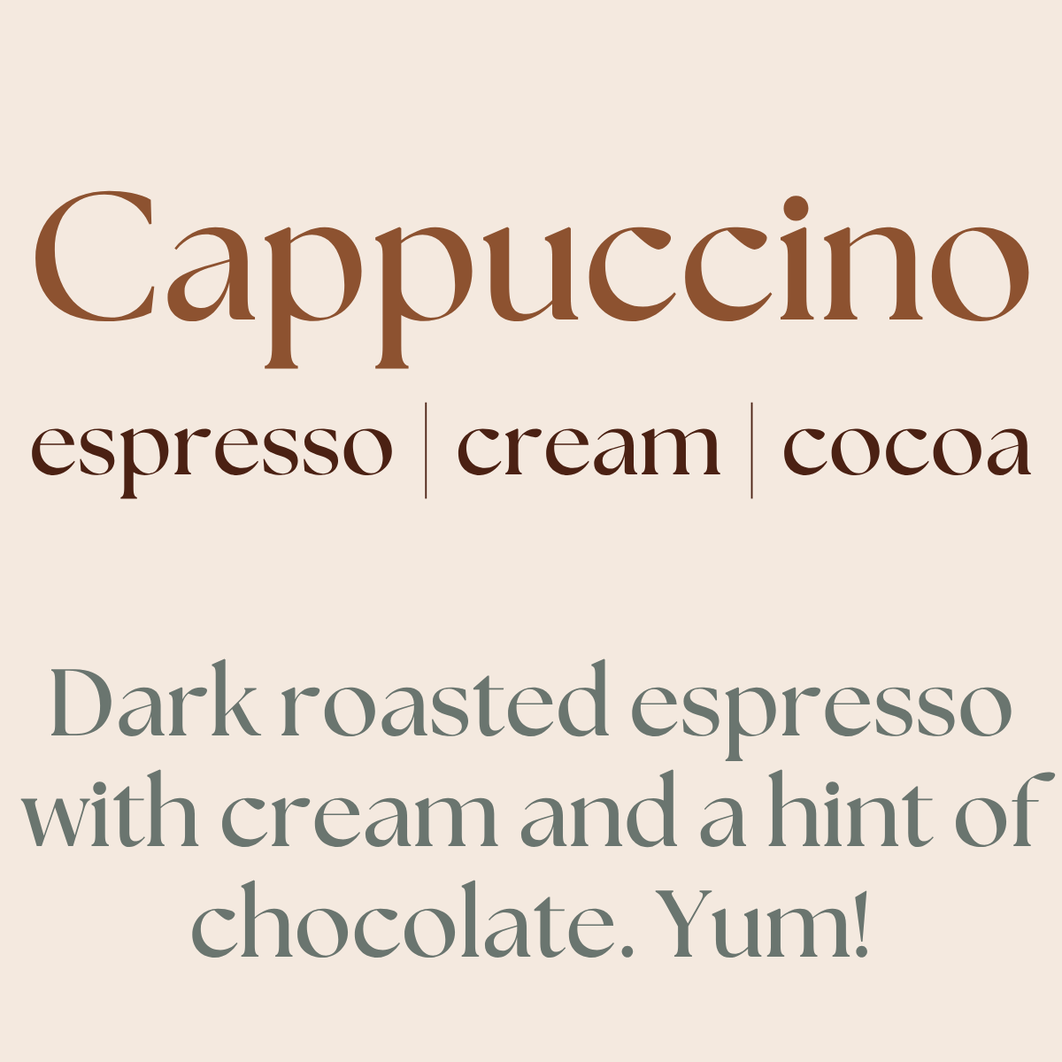 Text description of a cappuccino with ingredients and flavor notes on a beige background