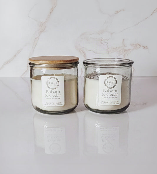 Haute Candles Halo jar showing how it looks with and without a bamboo lid