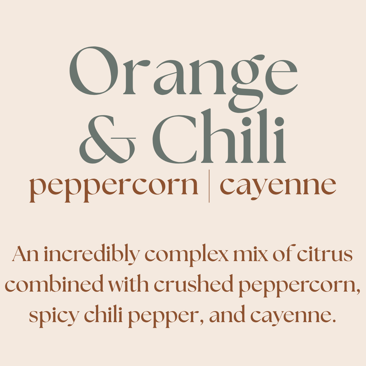 Text description of a spice blend with 'Orange & Chili' flavor on a beige background.