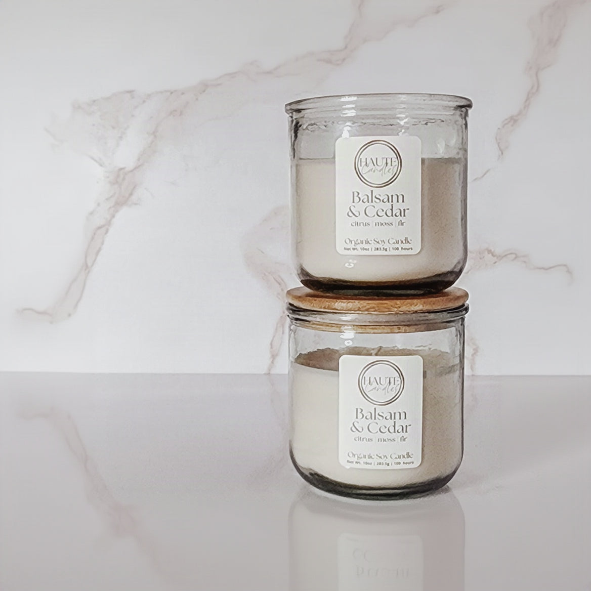Haute Candles Halo jars demonstrating how they can stack with a bamboo lid.