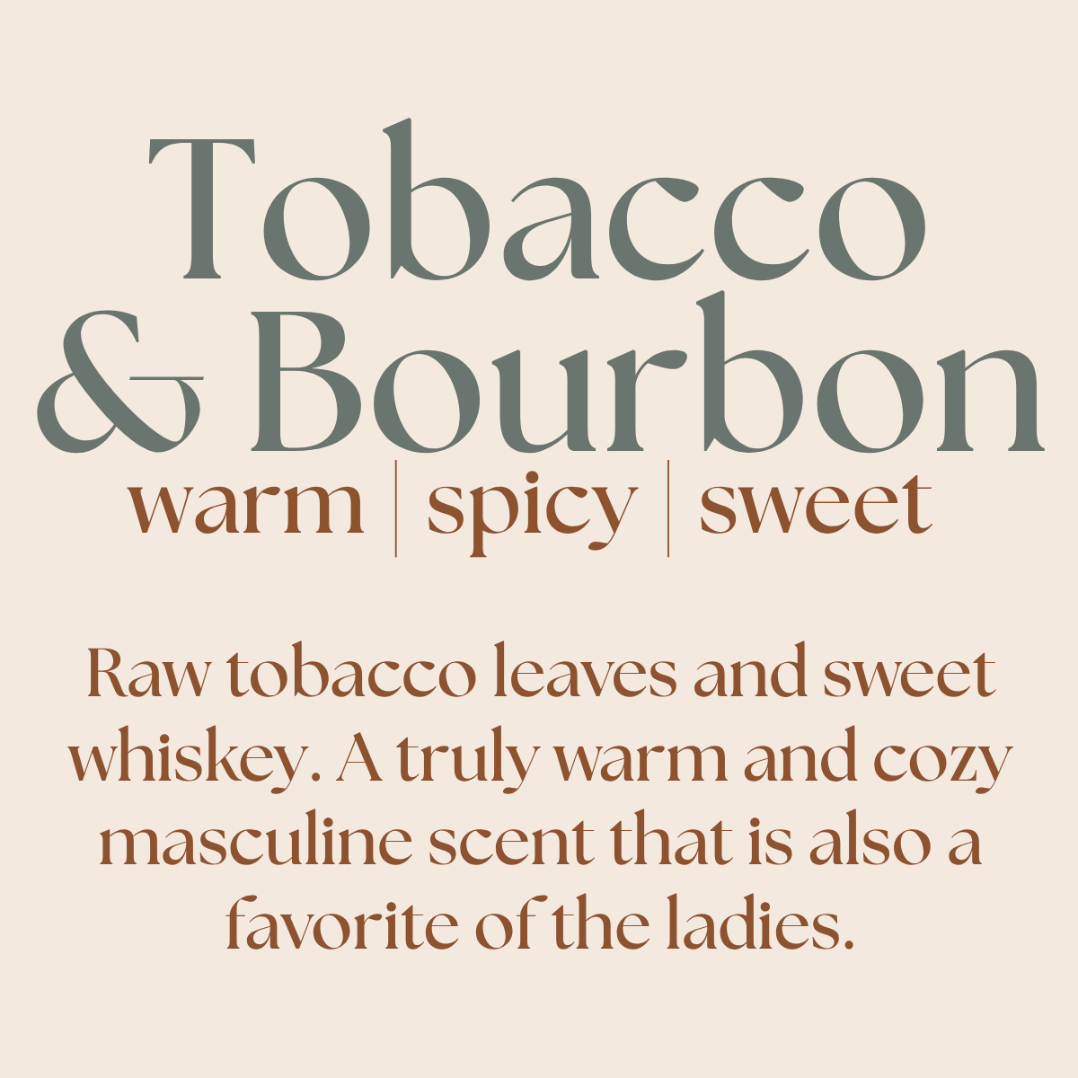 Text description of Tobacco & Bourbon fragrance on a beige background