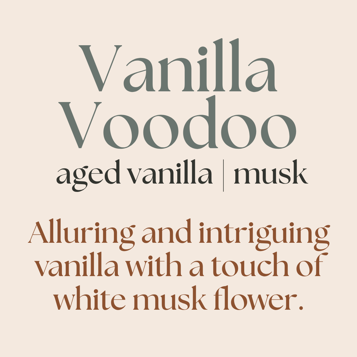 Text description of Vanilla Voodoo fragrance on a beige background