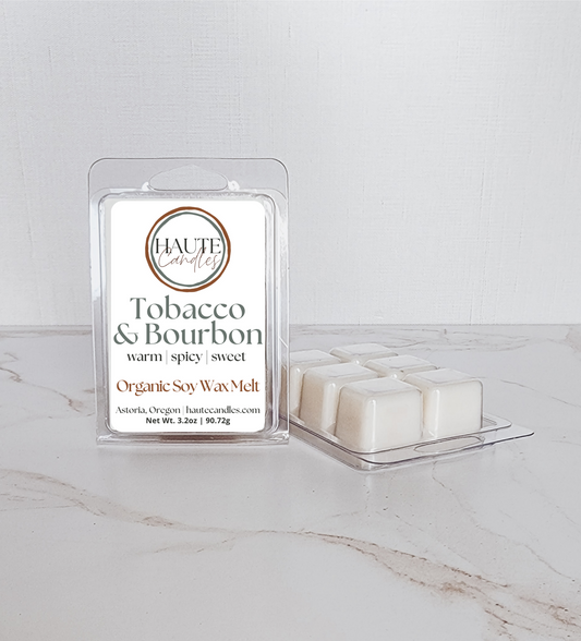 Haute Candles soy wax melts in six-piece clamshell packaging with Tobacco & Bourbon